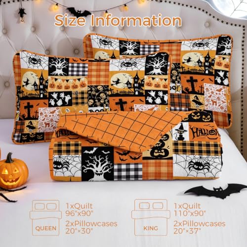 Halloween Quilt Set Queen - Orange Pumpkin Patchwork Bedspread with Witches & Jack-o'-Lanterns
