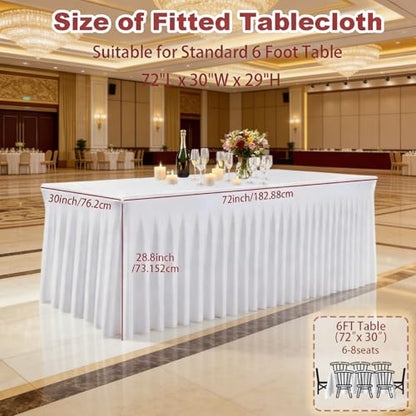 White Spandex Table Cloths 3 Pack for 6ft Rectangle Tables with Skirt - Wrinkle-Free Fitted Cover Set
