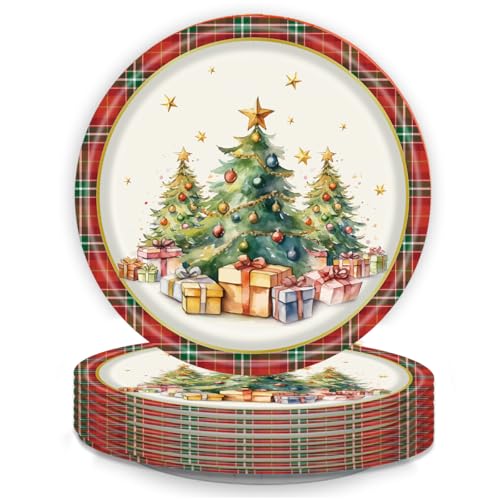 Christmas Paper Plates Set - 25 Disposable Holiday Tableware with Plaid Tree Print