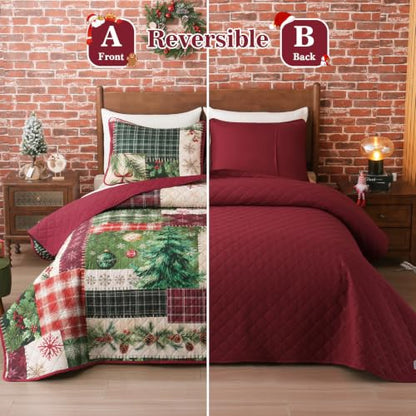Red King Size Christmas Patchwork Quilt Bedding Set with Pillow Shams