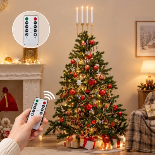Gold Christmas Tree Topper Candelabra Set with LED Candles & Remote Control