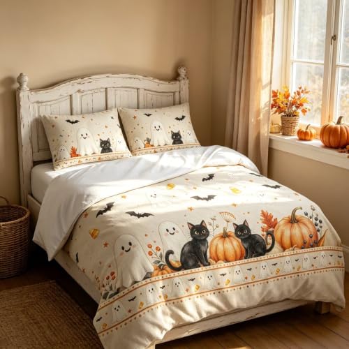 Halloween Duvet Cover Set Queen Black Cat Ghost Pumpkin Border - Whimsical Spooky Season Bedding