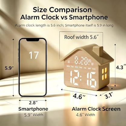 Wood Grain House-Shaped LED Alarm Clock with Night Light - GDQ