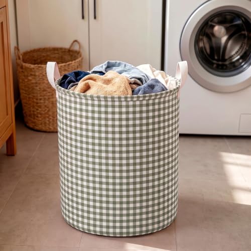 Sage Green Gingham Collapsible Laundry Hamper with Handle - Stylish Storage Basket