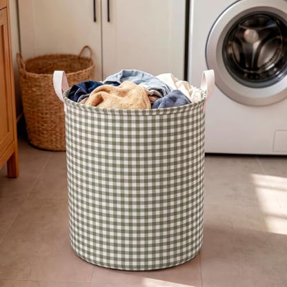 Sage Green Gingham Collapsible Laundry Hamper with Handle - Stylish Storage Basket