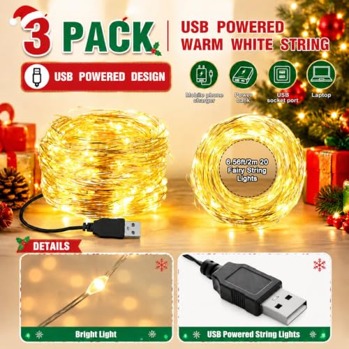 3-Pack USB Fairy String Lights 6.56ft 20 LED Warm White Indoor Decor - Variation 3