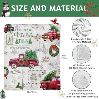 Christmas Throw Blanket - Red Truck Tree Farmhouse Holiday Plush 50x60 Inches - Cozy Fluffy Bed & Sofa Blanket - Variation: 50" x 60"