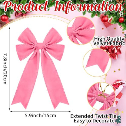 24 Pcs Pink Velvet Christmas Bows Tree Decorations Holiday Wreaths