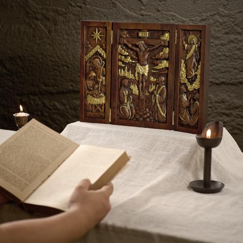 Gold 8-Inch Wooden Jesus Triptych Box Nativity Crucifixion Ascension Home Decor
