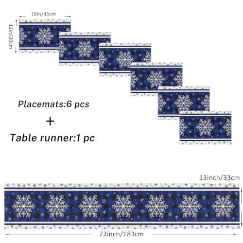 Christmas Blue Snowflake Table Runner and Placemats Set of 6 - Holiday Dining Decor