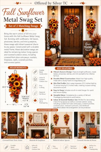 Set of 2 Fall Sunflower Metal Swags for Indoor Outdoor Decor 22" x 10"