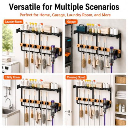 Wall Mount Broom and Mop Organizer with Shelf and Hooks for Laundry and Garage