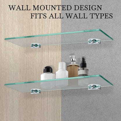 16-Inch Glass Floating Shelves for Bathroom, Kitchen & Living Room - 3 Pack, Tempered Glass with Zinc Alloy Brackets