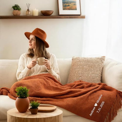 Personalized Knitted Throw Blanket with Embroidery & Tassel Edges - Wedding Gift