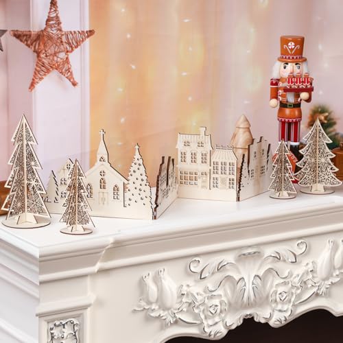 Retro Christmas Wooden Decor Set - 32 Inch Church Tree and House Signs