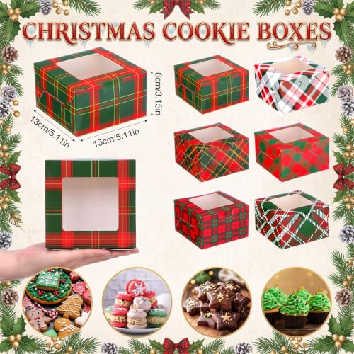 48 Pcs Christmas Gingham Treat Boxes with Window - Red & Green Holiday Design