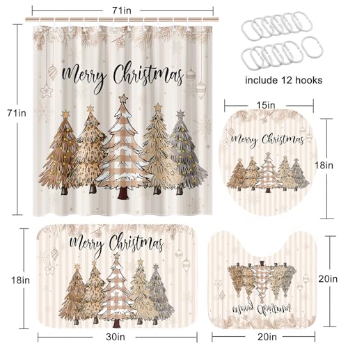 Christmas Shower Curtain Set with Non-Slip Rugs Bathroom Decor 4 Pieces