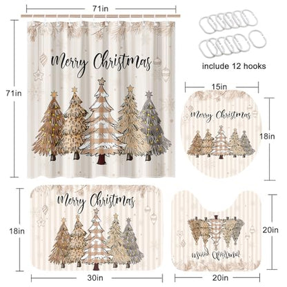 Christmas Shower Curtain Set with Non-Slip Rugs Bathroom Decor 4 Pieces