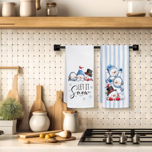 Let It Snow Winter Snowman Kitchen Towels Set of 2 - 16x24 Inches, Decorative Waffle Style, Absorbent, Holiday Gift