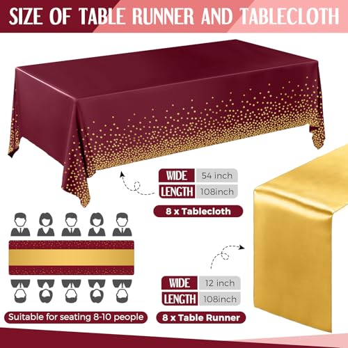 Burgundy and Gold Tablecloths Set with Satin Runners - 8 Pack - Wedding & Party Decor