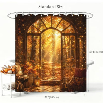 Fall Forest Arched Shower Curtain with Maple Leaf Design - Waterproof Bathroom Decor, 72x72 Inches