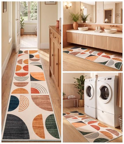 Boho 2x6 Beige and Terracotta Runner Rug - Non Slip Washable Mid-Century Style