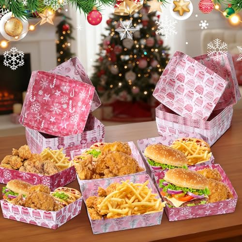 Christmas Pink Paper Food Trays - 36 Pack Disposable Serving Trays for Party