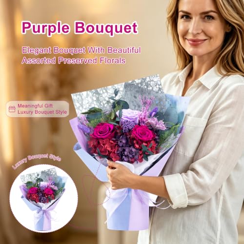 Purple Preserved Flowers Bouquet - Long Lasting Real Floral Arrangement
