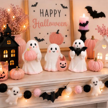 Pink Resin Ghost Figurines Set - Halloween Decorations for Home & Shelf