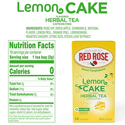 Red Rose Sweet Temptations Dessert Tea Lemon Cake, Zero Carbs, Zero Sugar Bursting with Flavor Caffeine-Free Delicious Beverage Herbal Tea, 18 Count Pack of 6 Fruit Naturally Flavored Herbal Tea