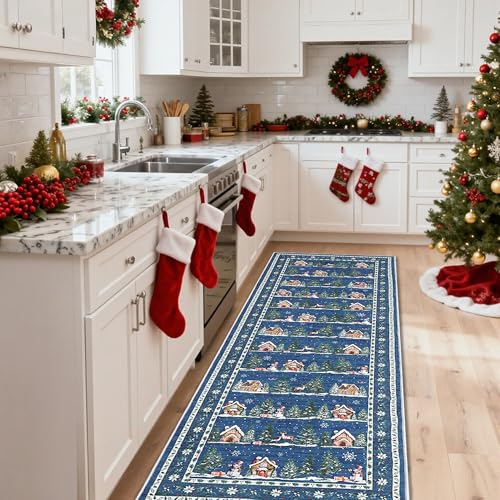Christmas Snowflake Blue Runner Rug 2x6 Kitchen Hallway Non Slip Low Pile Washable