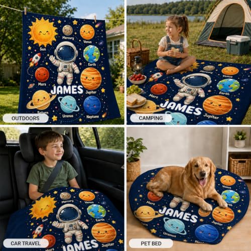 Custom Boys Planet Blanket - White Personalized Flannel Throw for Kids & Teens