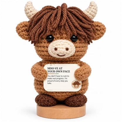 Positive Highland Cow Crochet Support Animal with Wooden Base - Inspirational Desk Decor - Cow