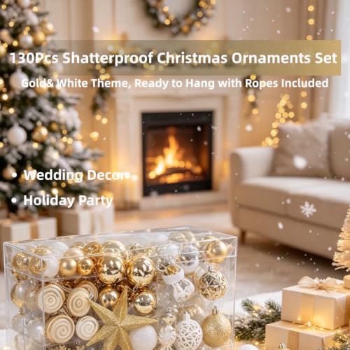 Shatterproof Christmas Ornaments Set - Red White Candy Cane Gold Variation, 130 Pieces