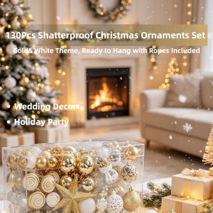 Shatterproof Christmas Ornaments Set - Red White Candy Cane Gold Variation, 130 Pieces