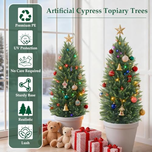 Artificial Topiary Cedar Trees 4Ft 2-Pack with Pots - Faux Garden Plants