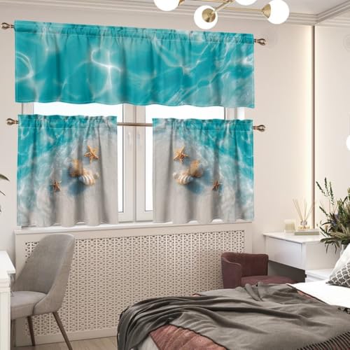 Beach Kitchen Curtains Tier and Valance Set 3 Pieces - 27.5W x 24L