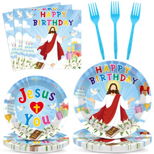 96Pcs Christian Jesus Birthday Party Tableware Set - Plates, Napkins, Forks
