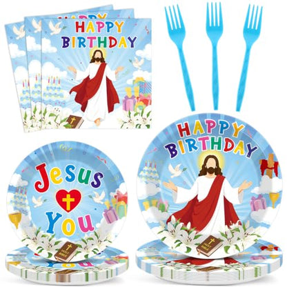 96Pcs Christian Jesus Birthday Party Tableware Set - Plates, Napkins, Forks