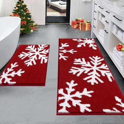 Christmas Bathroom Rugs Set 2 Piece Non Slip Microfiber Shaggy Snowflake Bath Mats - 18x26 + 18x48 Inches