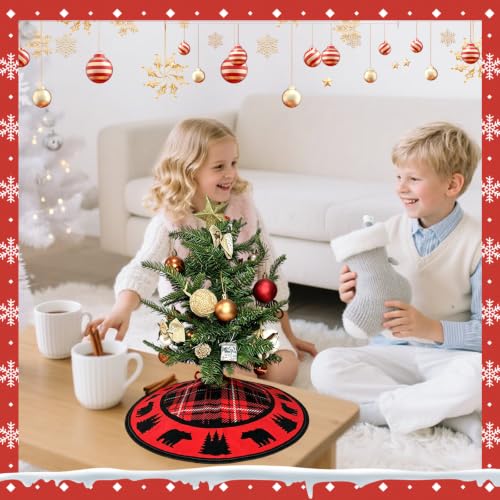 Mini Christmas Tree Skirt Black Bear Red and Black Cabin Plaid 15" - Festive Holiday Decor