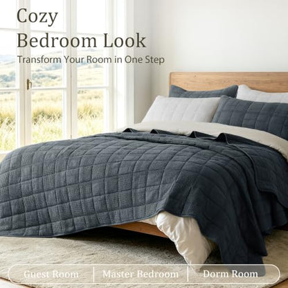 Oversized King Cotton Quilt Set Blue-Gray 120x120 with Pillow Shams - Fluffy Slumbers