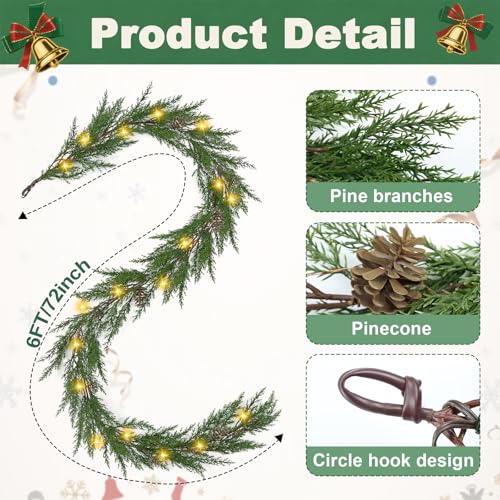 Green Christmas Cedar Garland 6 Ft Prelit with Pinecones & Lights