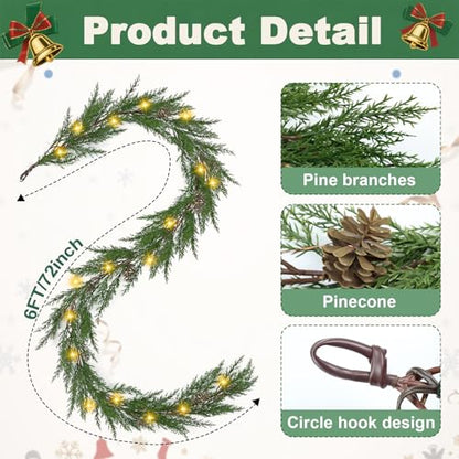 Green Christmas Cedar Garland 6 Ft Prelit with Pinecones & Lights