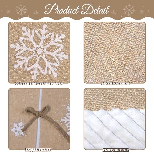 60 Inch Christmas Tree Skirt Burlap with Fur Border Snowflake - Large Holiday Decor
