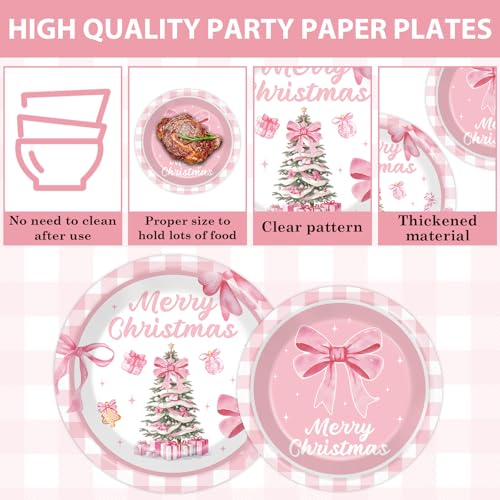 Pink Christmas Party Tableware Set - 96 Pieces for 24 Guests - Bow Plates & Napkins