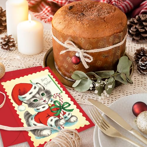 Christmas Greeting Cards with Envelopes Stickers - Vintage Cat Blank Note Cards Set