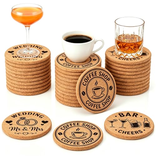 Round Personalized Cork Coasters - Custom Laser Engraved Logo, Name or Text, 4 Inch Set for Weddings & Events