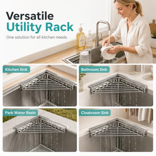 Stainless Steel Corner Sink Shelf Triangular Open Wire Rack Organizer - 1 Piece