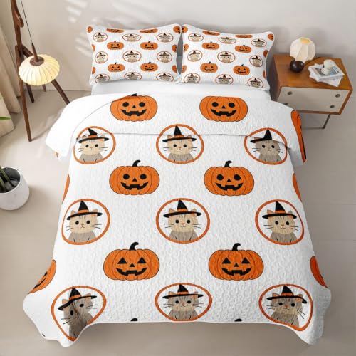 Feelyou Halloween Quilt Bedspread for Kids Girls & Boys Queen Size - Cream White & Tangerine Orange Bedding Set